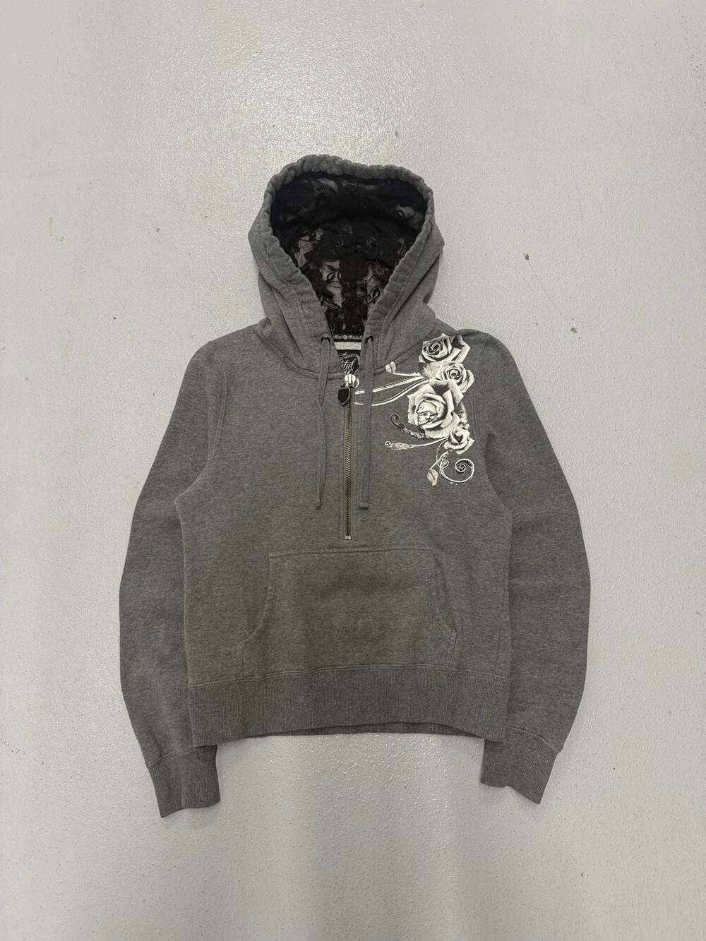 Y2K Metal Mulisha  Floral Rose Skull Graphic Half-Zip Lace-Lined Hoodie